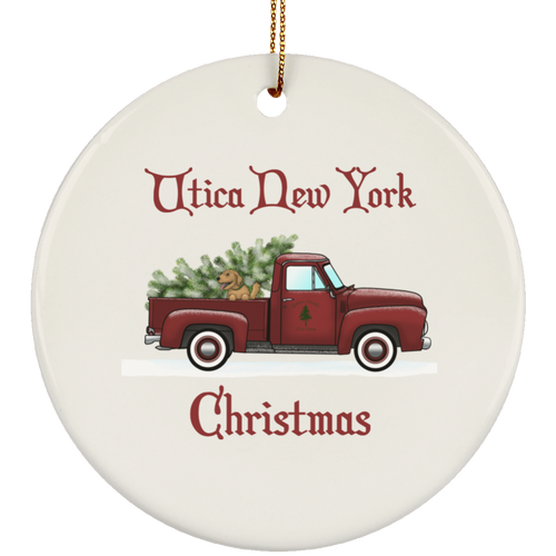 Utica NY Red Truck Ceramic Circle Ornament